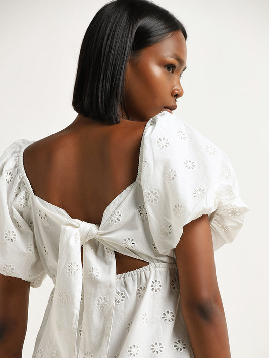 Nuon White Schiffli Design A-Line Cotton Dress
