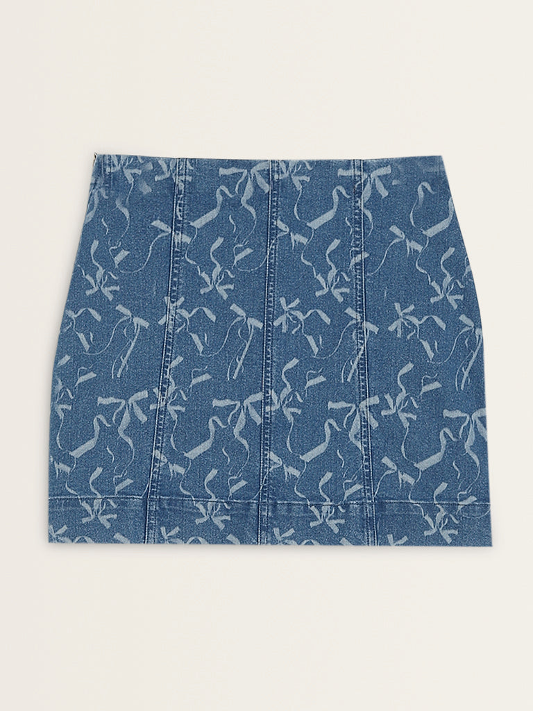 Nuon Blue Bow Design High-Rise Denim Skirt