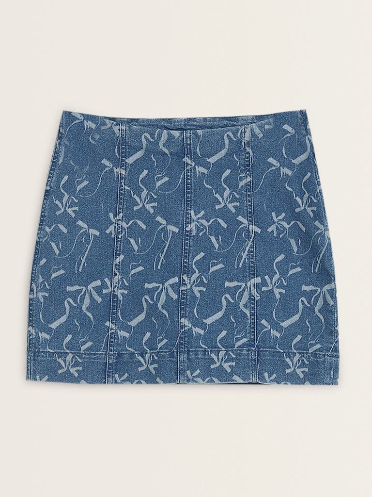 Nuon Blue Bow Design High-Rise Denim Skirt