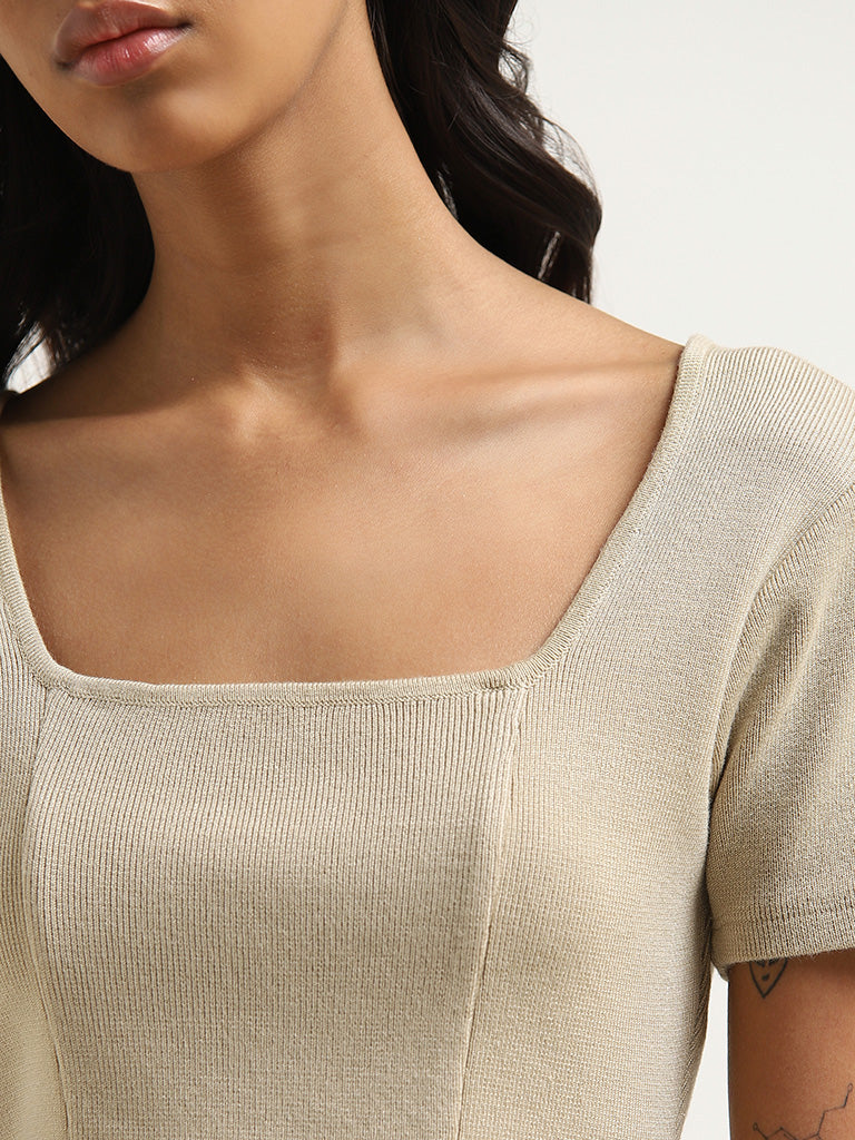 Nuon Beige Seam-Detailed Cropped T-Shirt