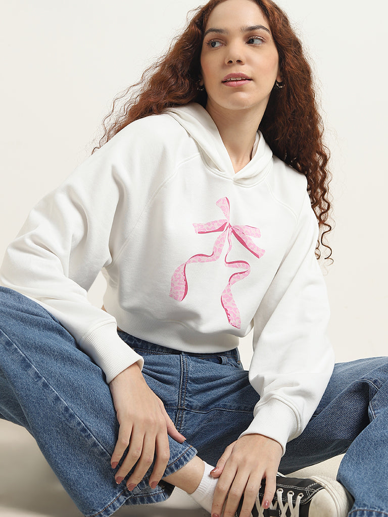 Nuon White Bow Printed Cotton Blend Sweatshirt