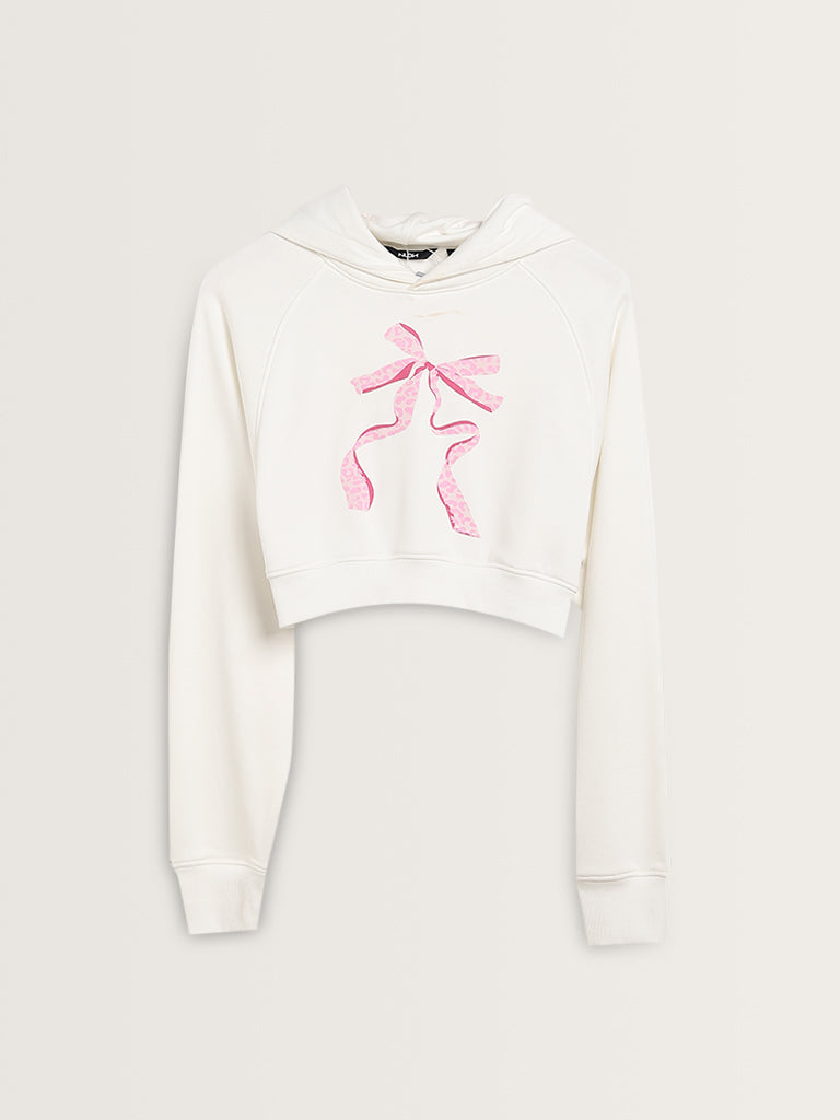 Nuon White Bow Printed Cotton Blend Sweatshirt