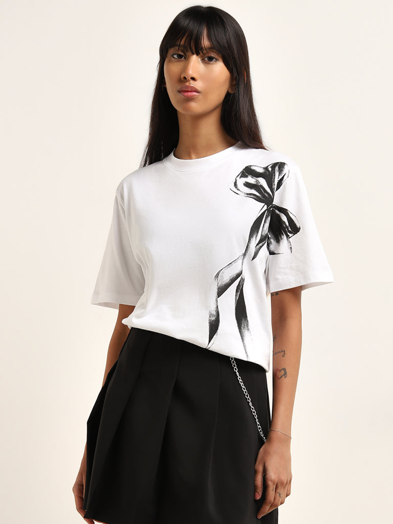 Nuon White Bow Printed Cotton T-Shirt