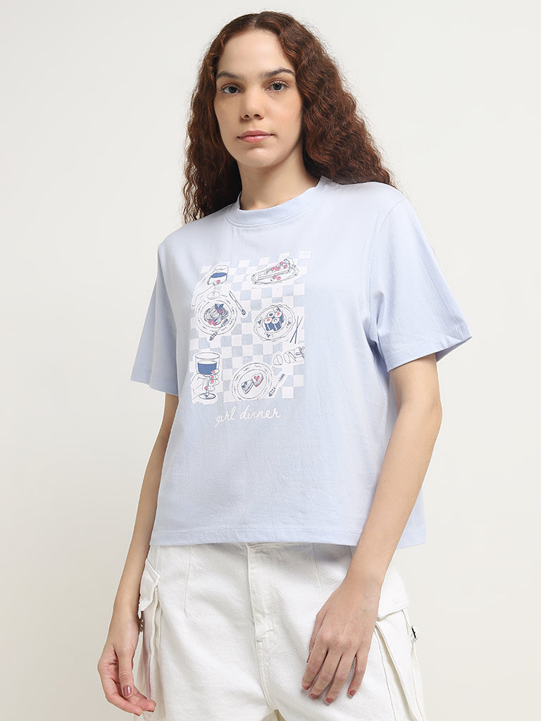 Nuon Light Blue Graphic Printed Cotton T-Shirt