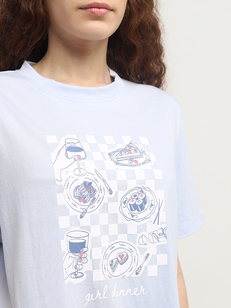 Nuon Light Blue Graphic Printed Cotton T-Shirt