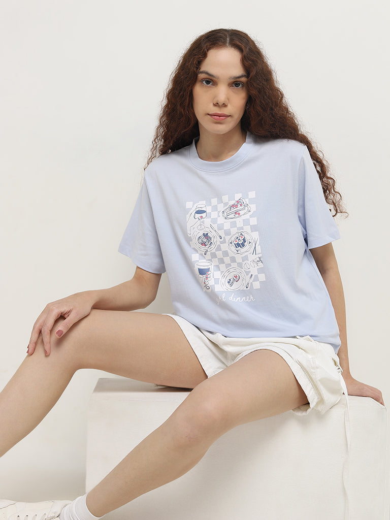 Nuon Light Blue Graphic Printed Cotton T-Shirt