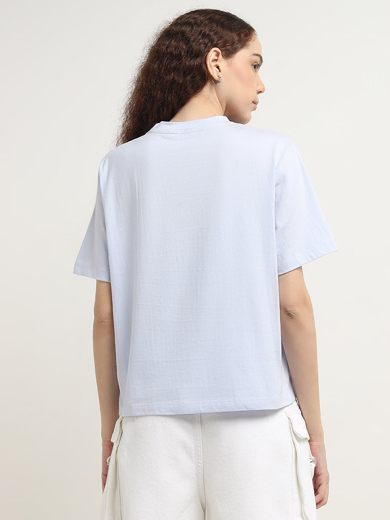 Nuon Light Blue Graphic Printed Cotton T-Shirt