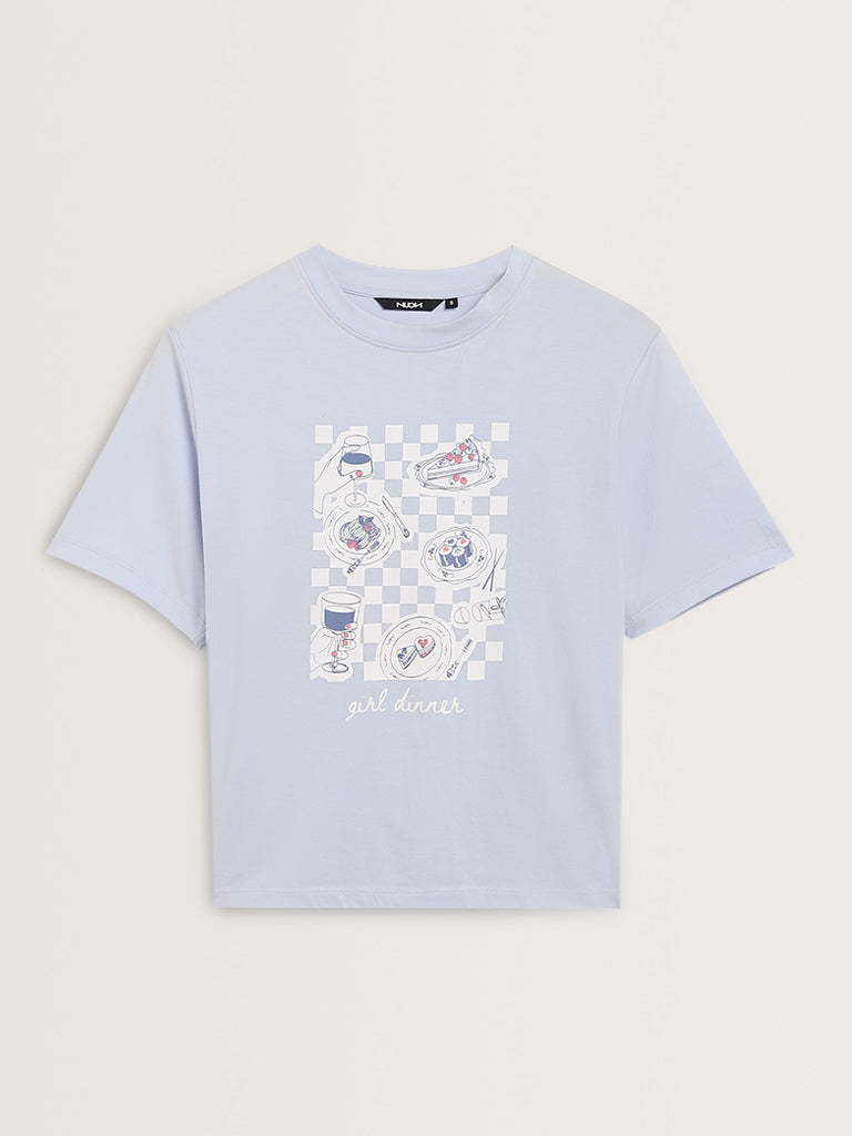 Nuon Light Blue Graphic Printed Cotton T-Shirt