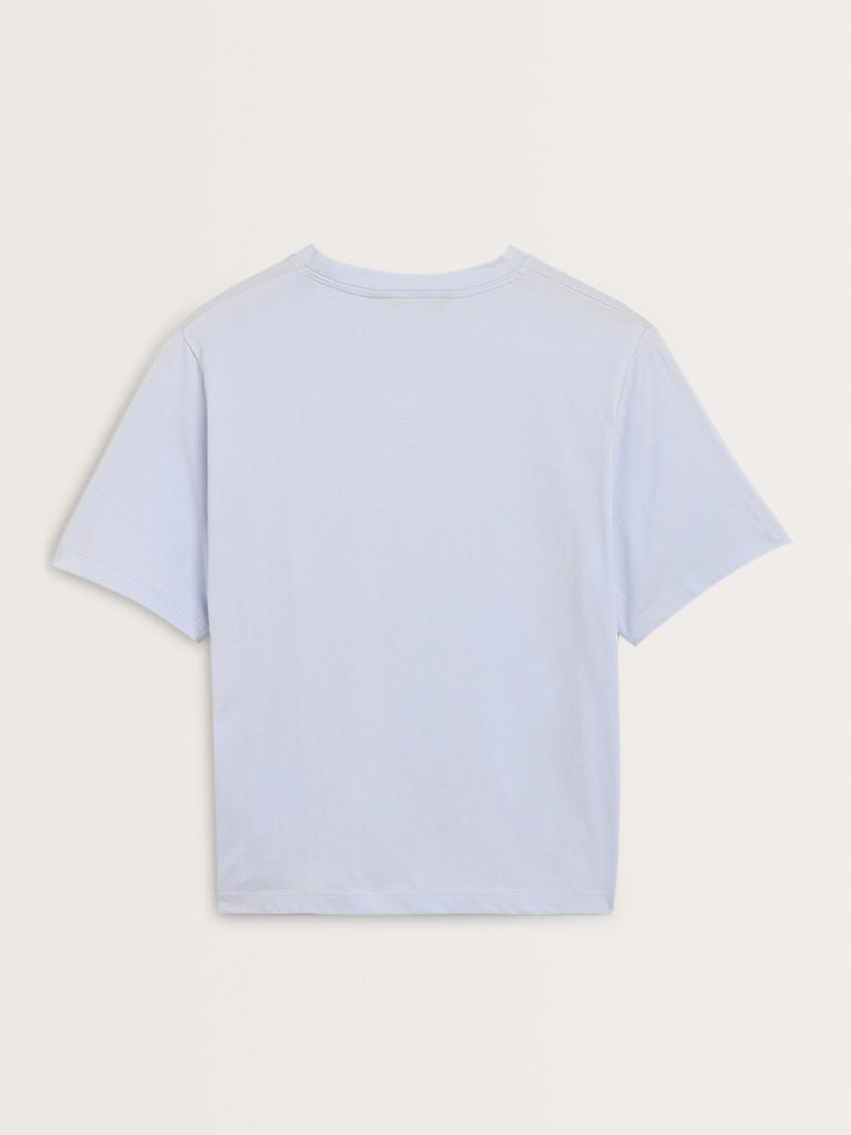 Nuon Light Blue Graphic Printed Cotton T-Shirt