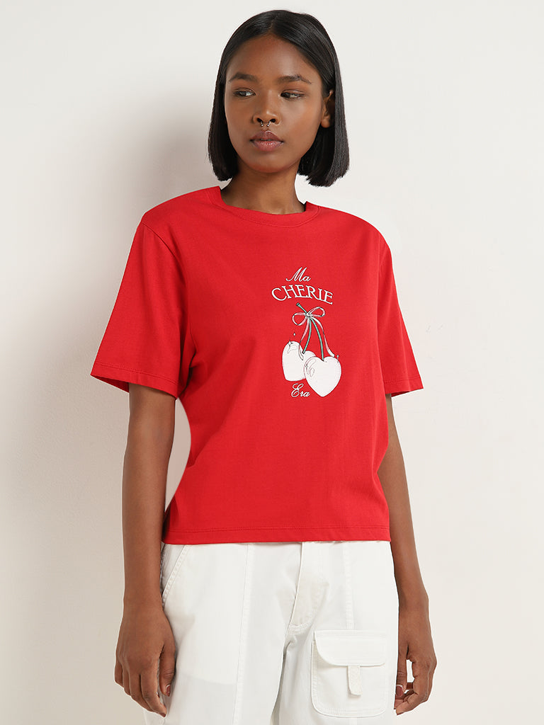 Nuon Red Cherry Printed Cotton T-Shirt