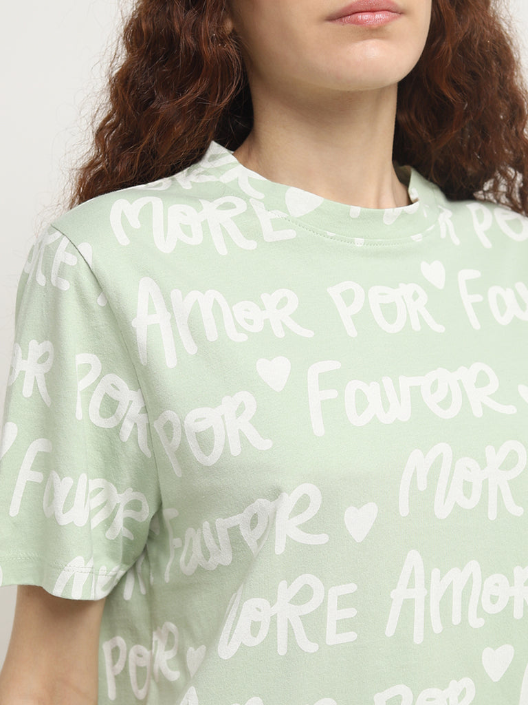 Nuon Light Green Text Printed Cotton T-Shirt