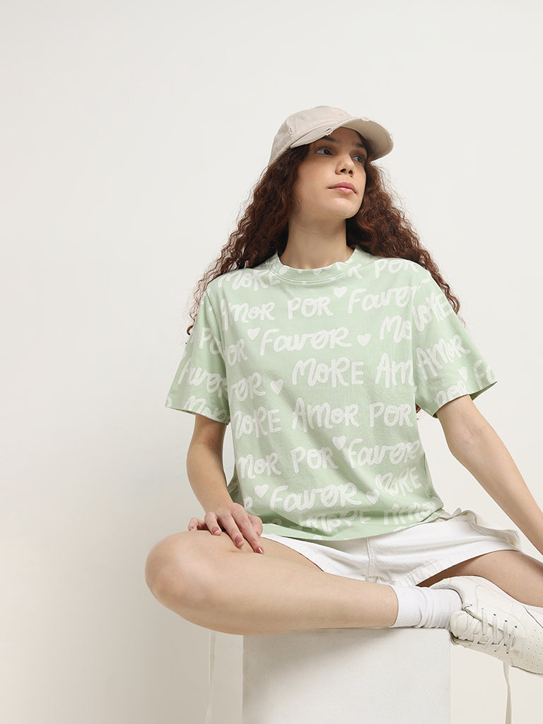 Nuon Light Green Text Printed Cotton T-Shirt