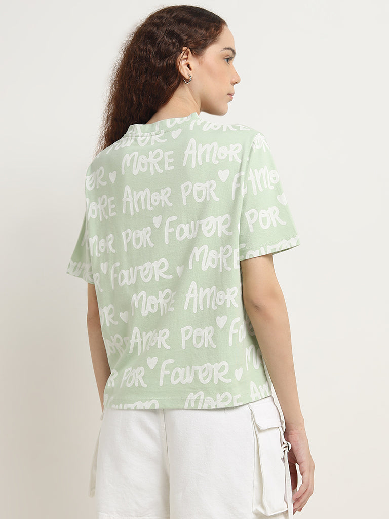 Nuon Light Green Text Printed Cotton T-Shirt