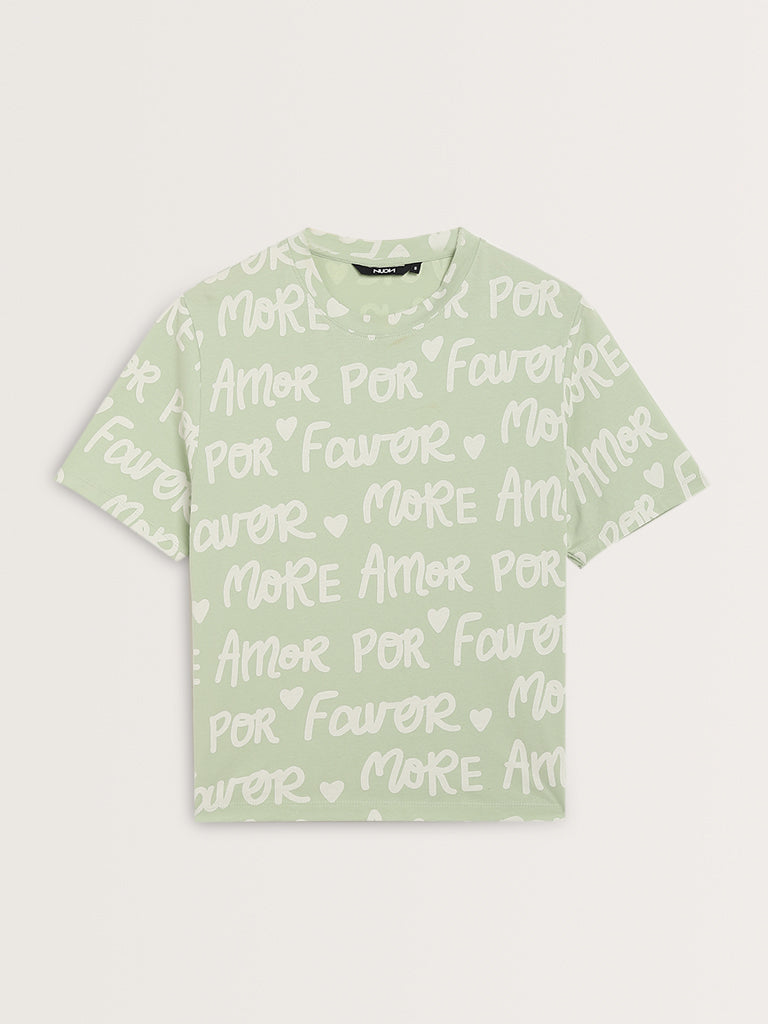 Nuon Light Green Text Printed Cotton T-Shirt