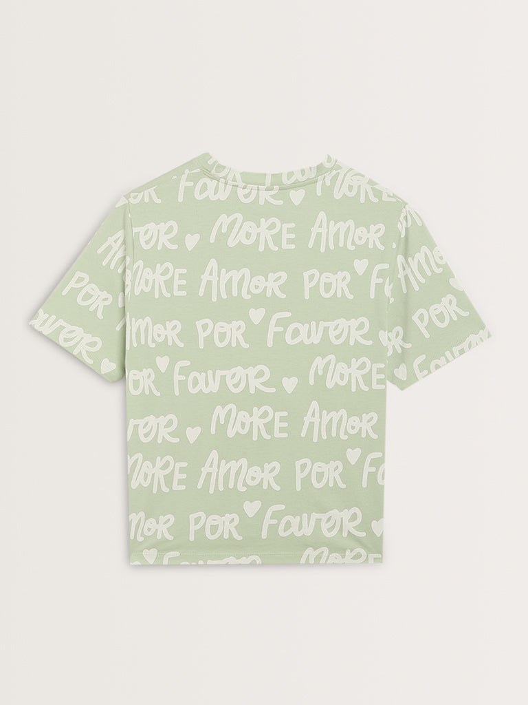 Nuon Light Green Text Printed Cotton T-Shirt