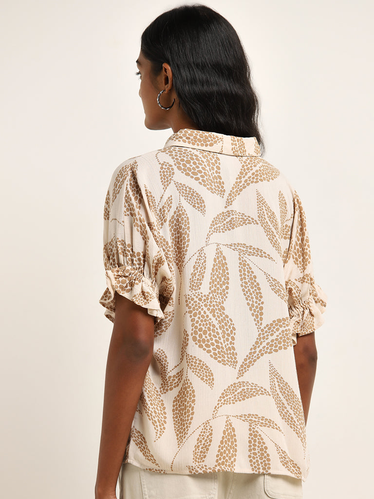 LOV Beige Leaf Printed Crinkled Shirt