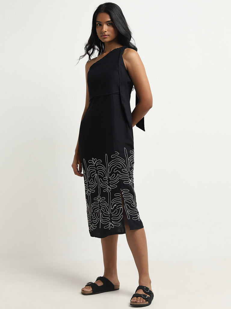 LOV Black Embroidered One-Shoulder Dress