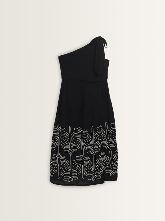 LOV Black Embroidered One-Shoulder Dress