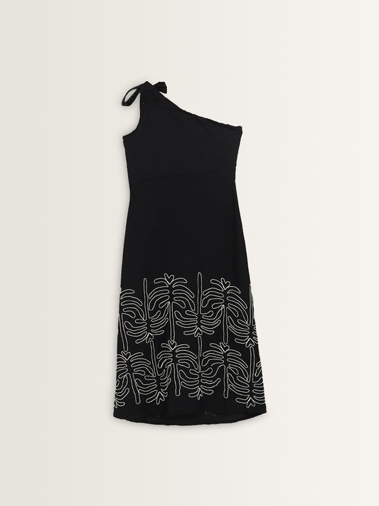 LOV Black Embroidered One-Shoulder Dress