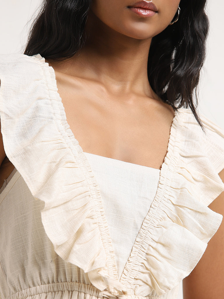 LOV Beige Ruffle-Detailed Jumpsuit