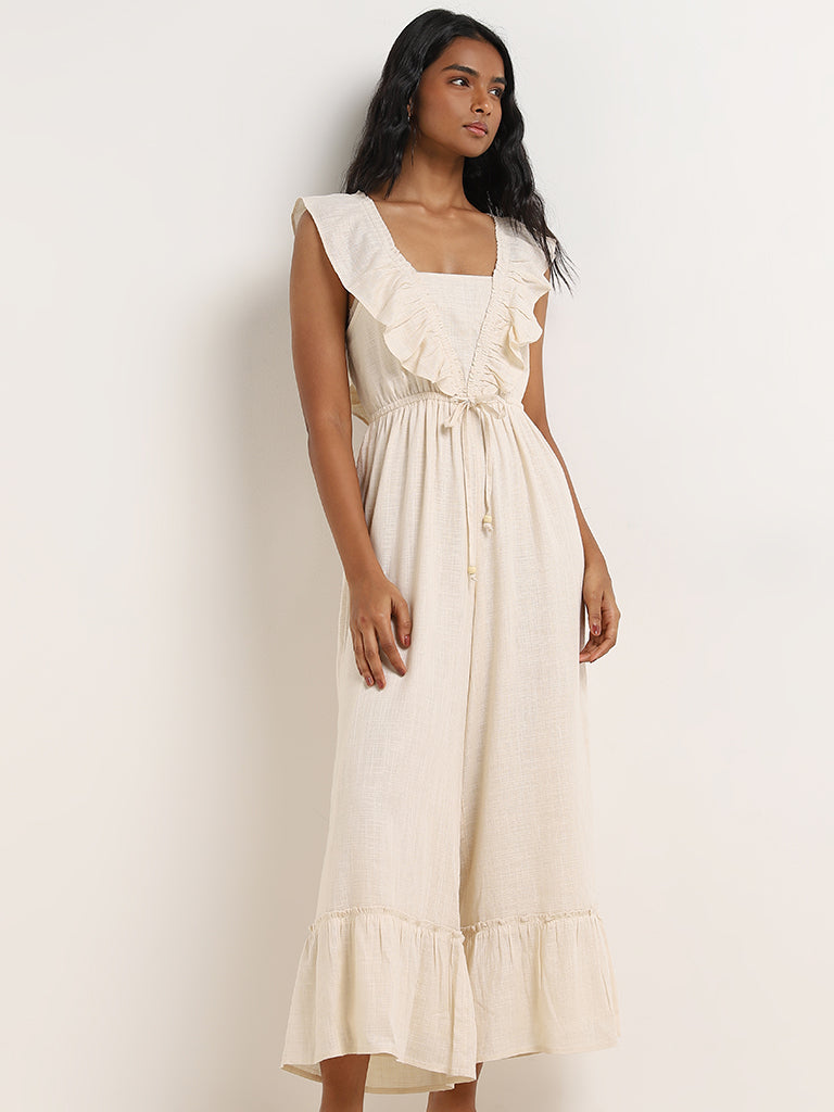 LOV Beige Ruffle-Detailed Jumpsuit