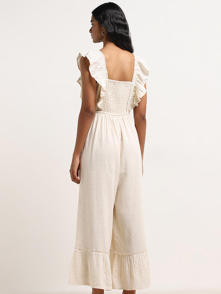 LOV Beige Ruffle-Detailed Jumpsuit