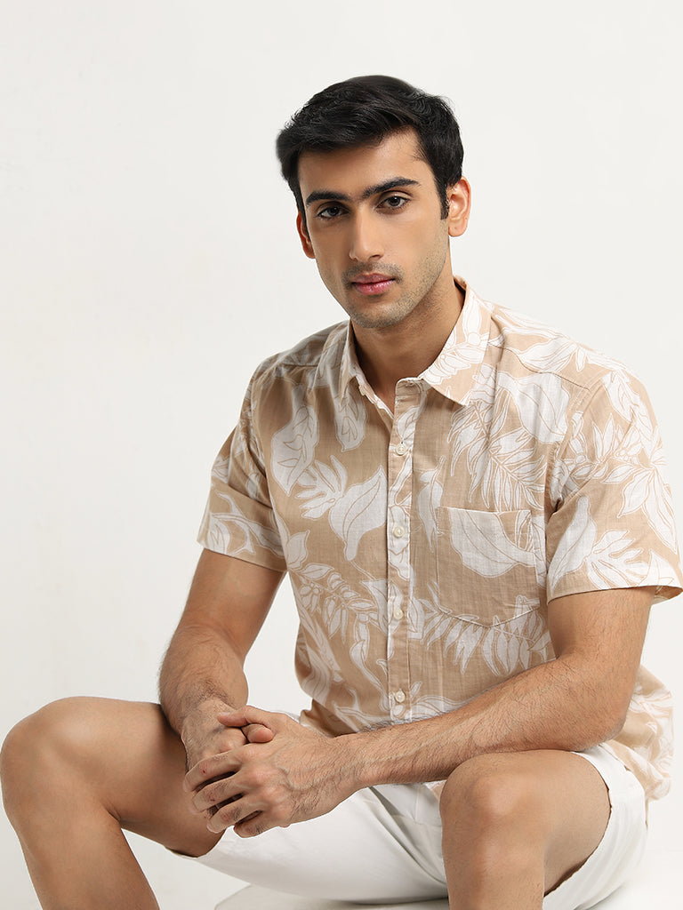 WES Casuals Beige Foliage Print Slim-Fit Cotton Shirt