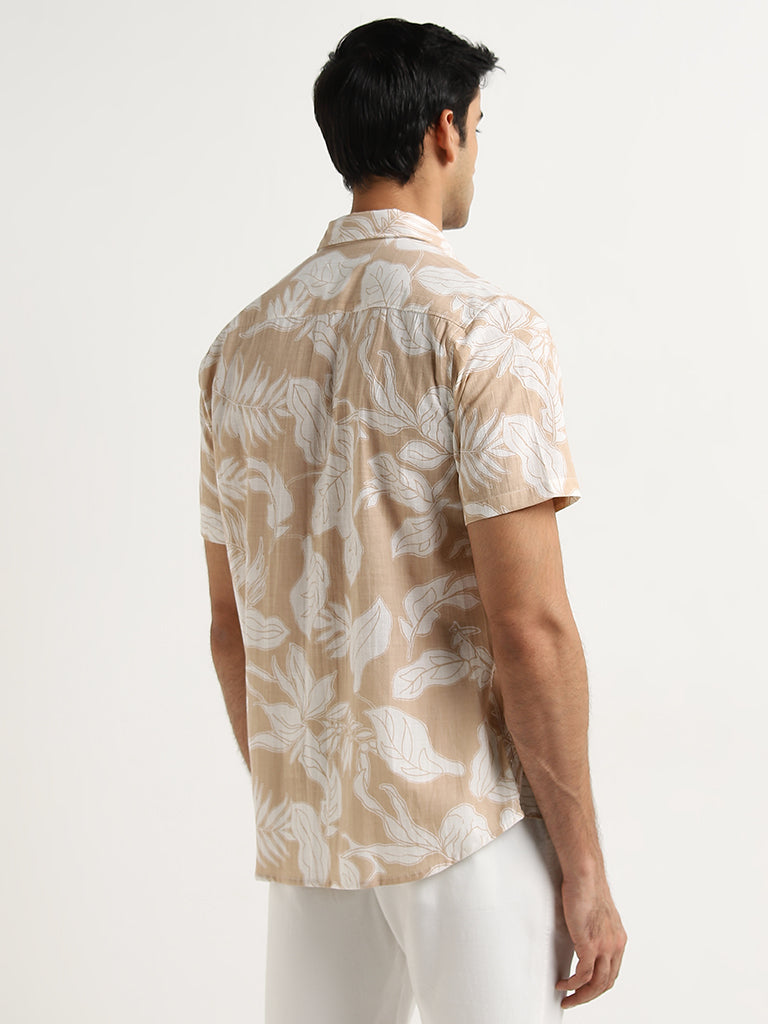 WES Casuals Beige Foliage Print Slim-Fit Cotton Shirt