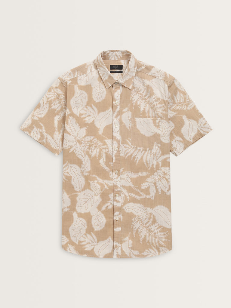 WES Casuals Beige Foliage Print Slim-Fit Cotton Shirt