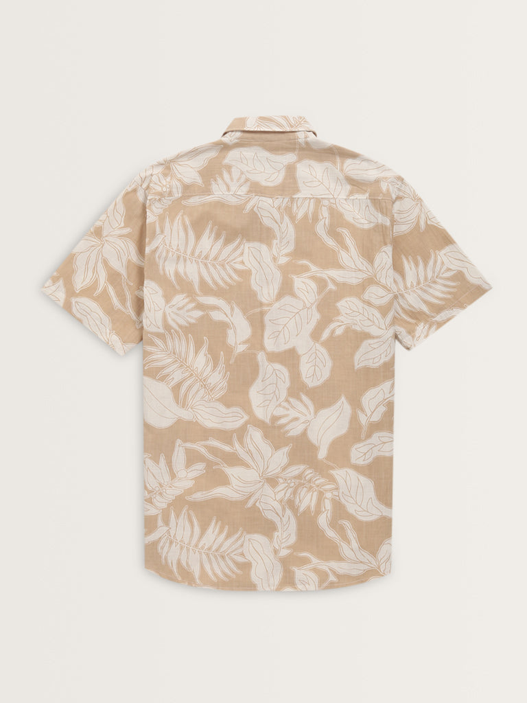 WES Casuals Beige Foliage Print Slim-Fit Cotton Shirt