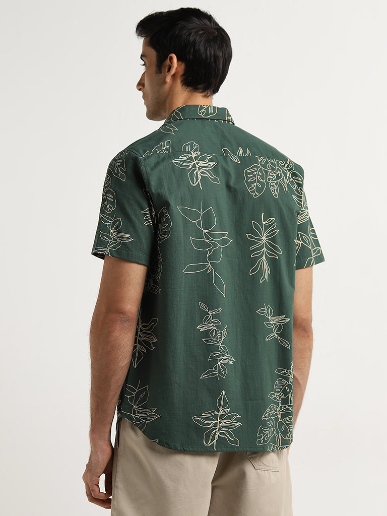 WES Casuals Dark Green Leaf Printed Slim-Fit Cotton Shirt