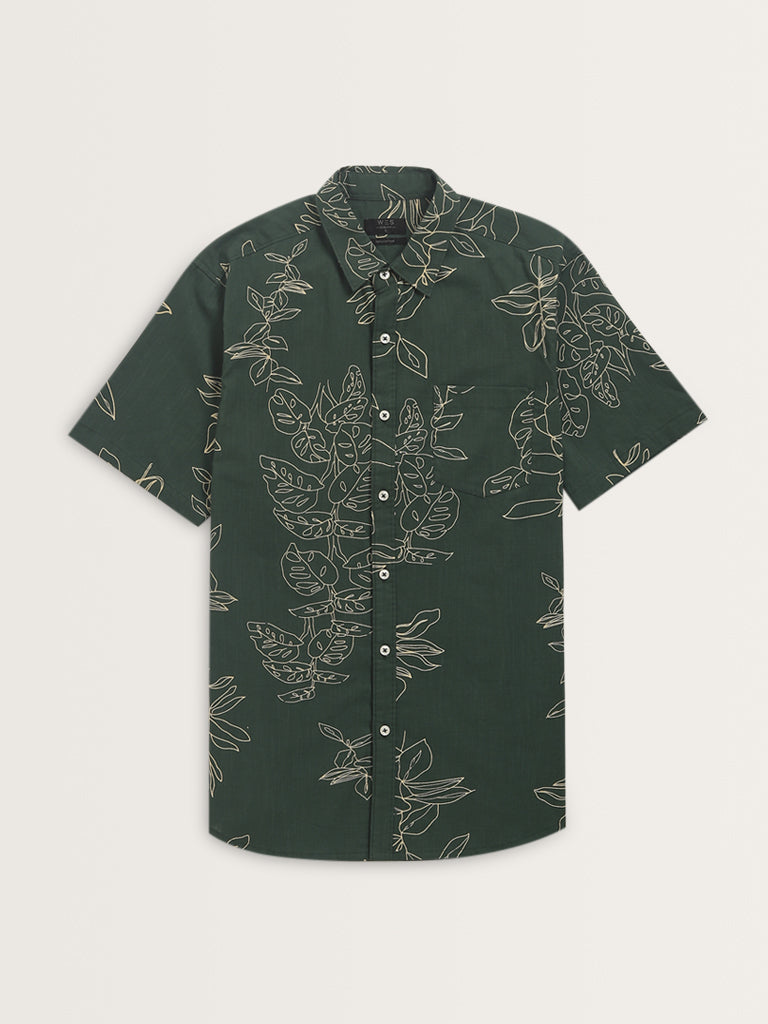 WES Casuals Dark Green Leaf Printed Slim-Fit Cotton Shirt