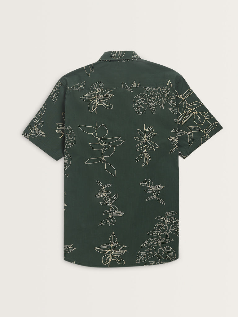 WES Casuals Dark Green Leaf Printed Slim-Fit Cotton Shirt