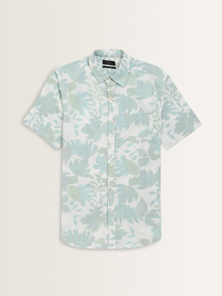 WES Casuals Aqua Leaf Design Slim-Fit Cotton Shirt