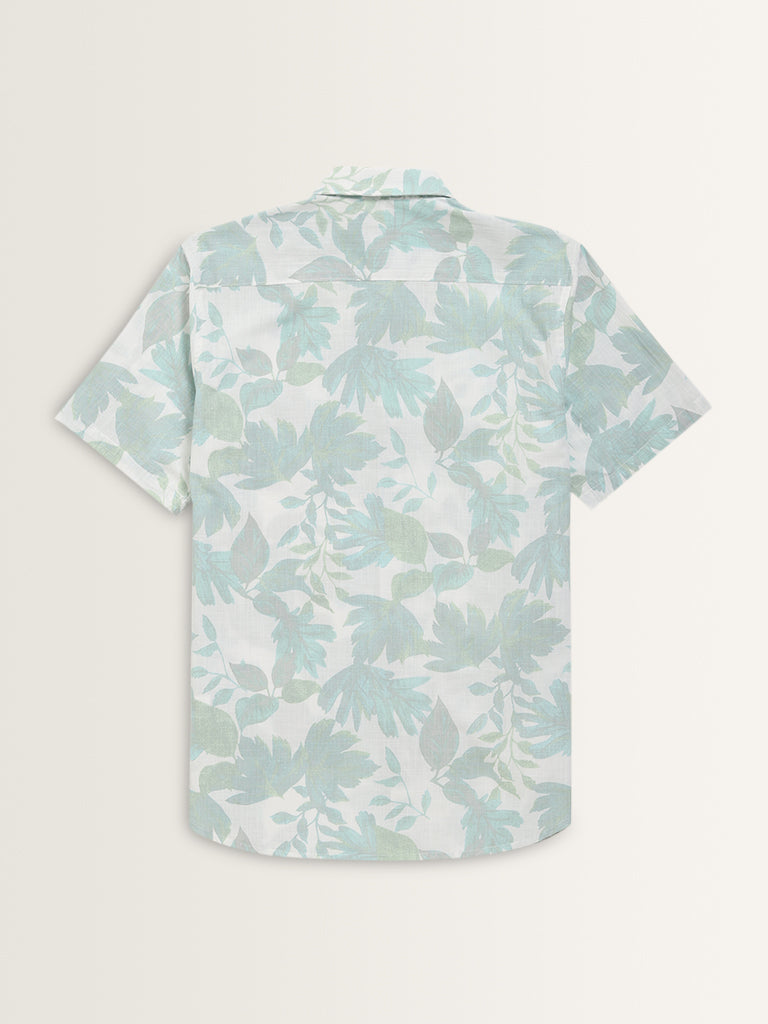 WES Casuals Aqua Leaf Design Slim-Fit Cotton Shirt