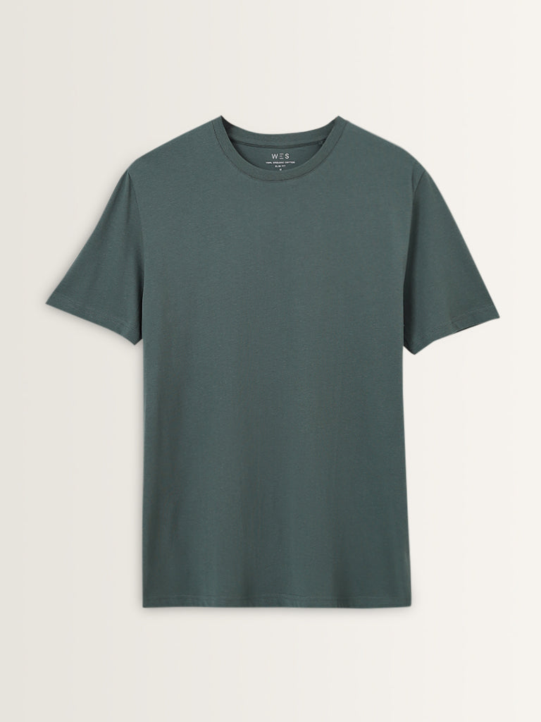 WES Casuals Green Solid Slim-Fit Cotton T-Shirt