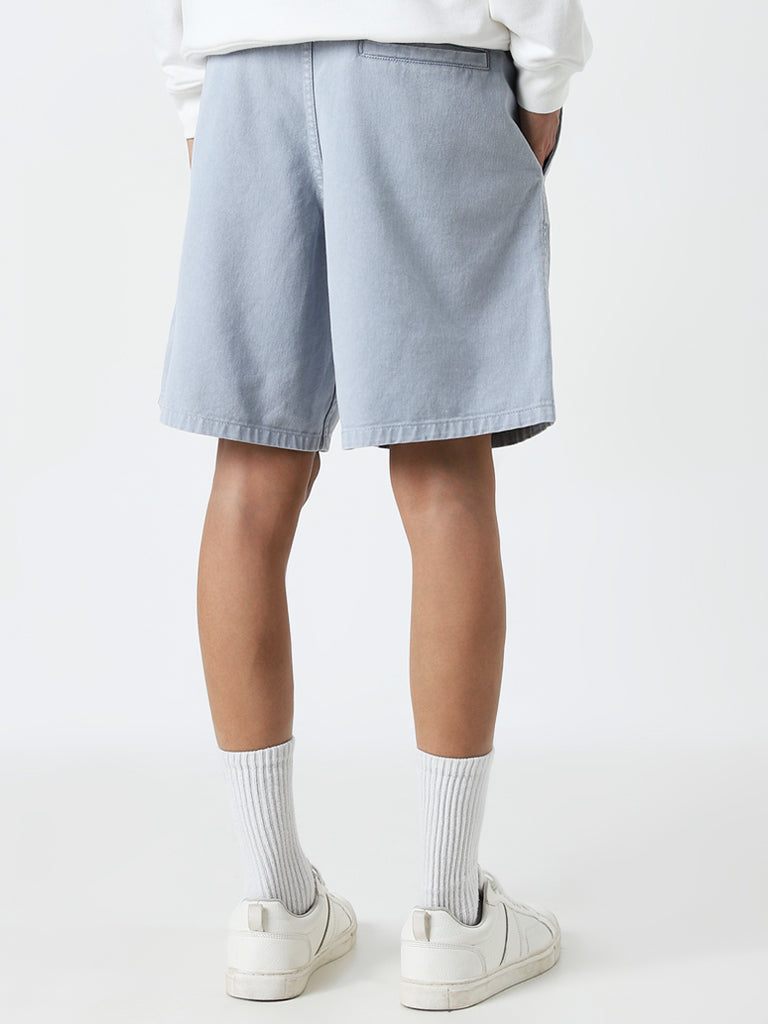 Nuon Light Blue Relaxed Fit Mid-Rise Cotton Shorts