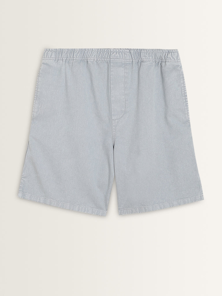 Nuon Light Blue Relaxed Fit Mid-Rise Cotton Shorts