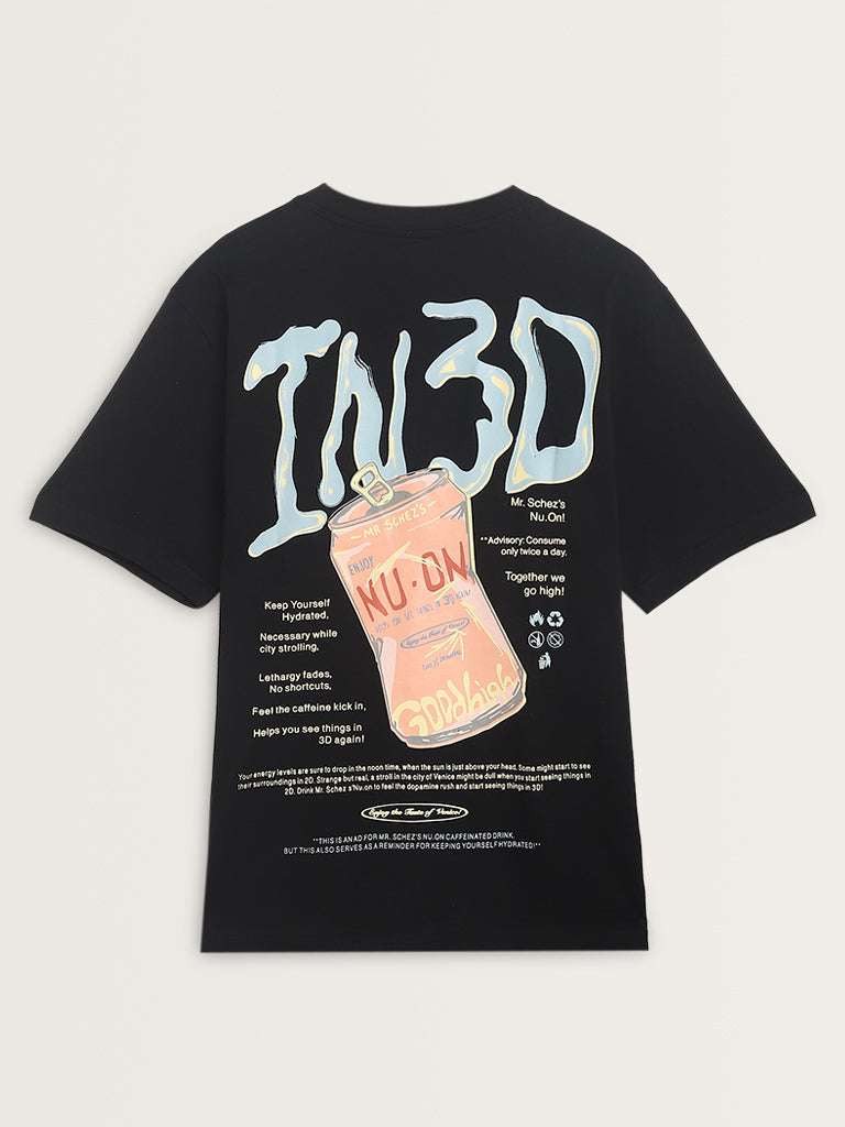 Nuon Black Text Printed Relaxed-Fit Cotton T-Shirt