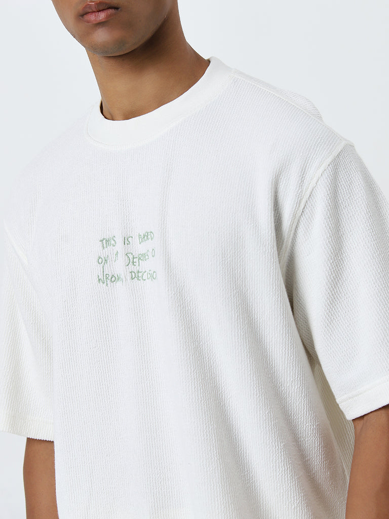 Nuon White Text Printed Relaxed-Fit Cotton T-Shirt