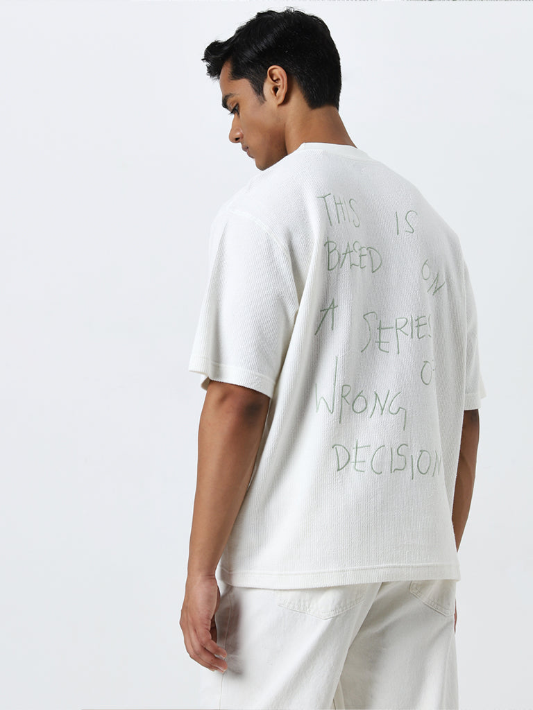 Nuon White Text Printed Relaxed-Fit Cotton T-Shirt