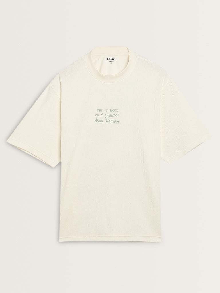 Nuon White Text Printed Relaxed-Fit Cotton T-Shirt