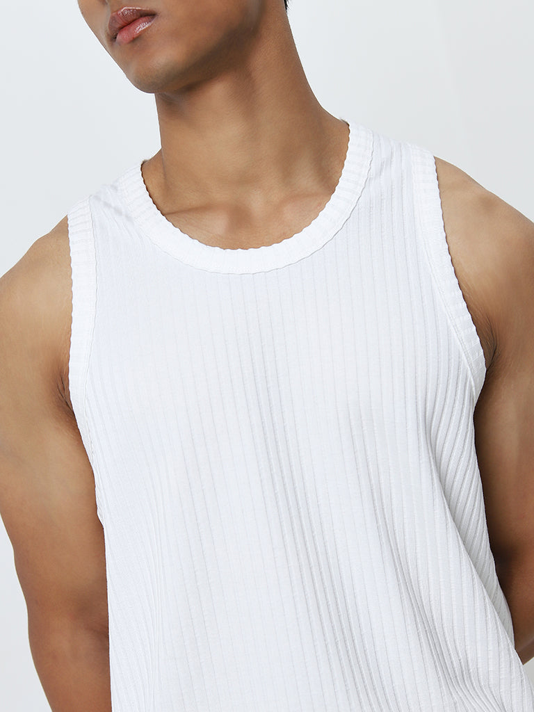 Nuon White Ribbed Textured Slim-Fit T-Shirt