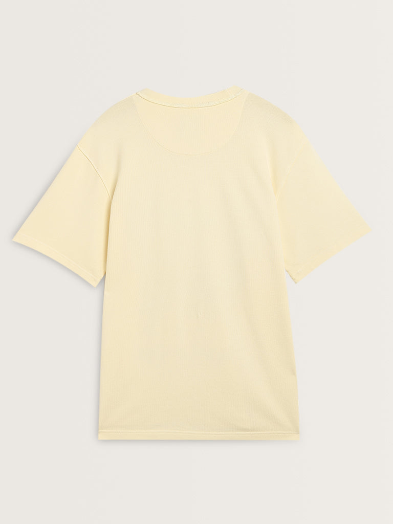 Nuon Light Yellow Text Print Relaxed-Fit Cotton T-Shirt