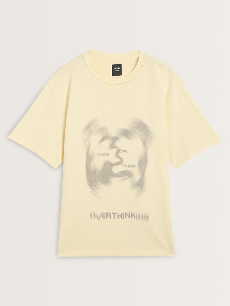 Nuon Light Yellow Text Print Relaxed-Fit Cotton T-Shirt