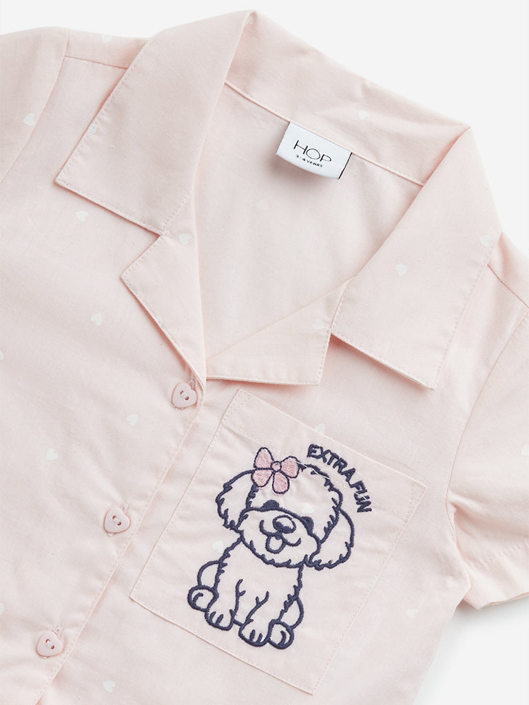 HOP Kids Pink Embroidered Tie-Up Cropped Cotton Shirt