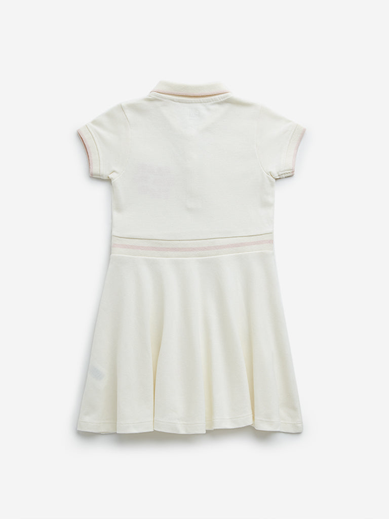 HOP Kids Ecru Text Embroidered Cotton Dress