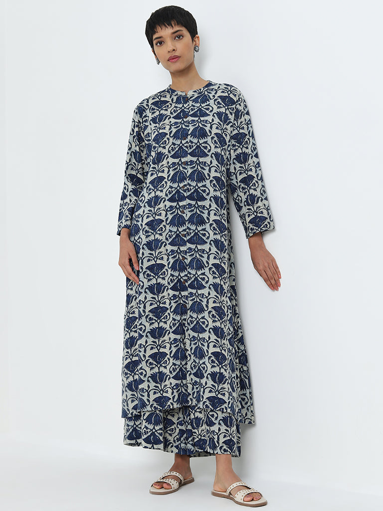 Buy Utsa Dark Blue Floral Printed A-Line Cotton Kurta from Westside