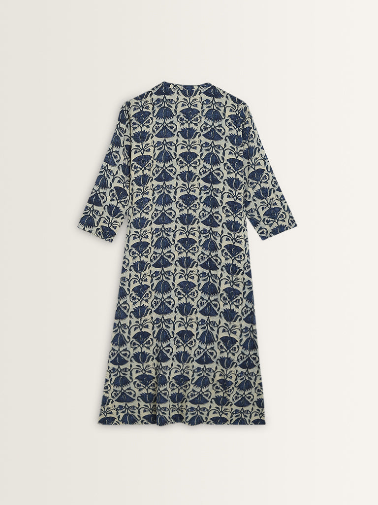 Utsa Dark Blue Floral Printed A-Line Cotton Kurta