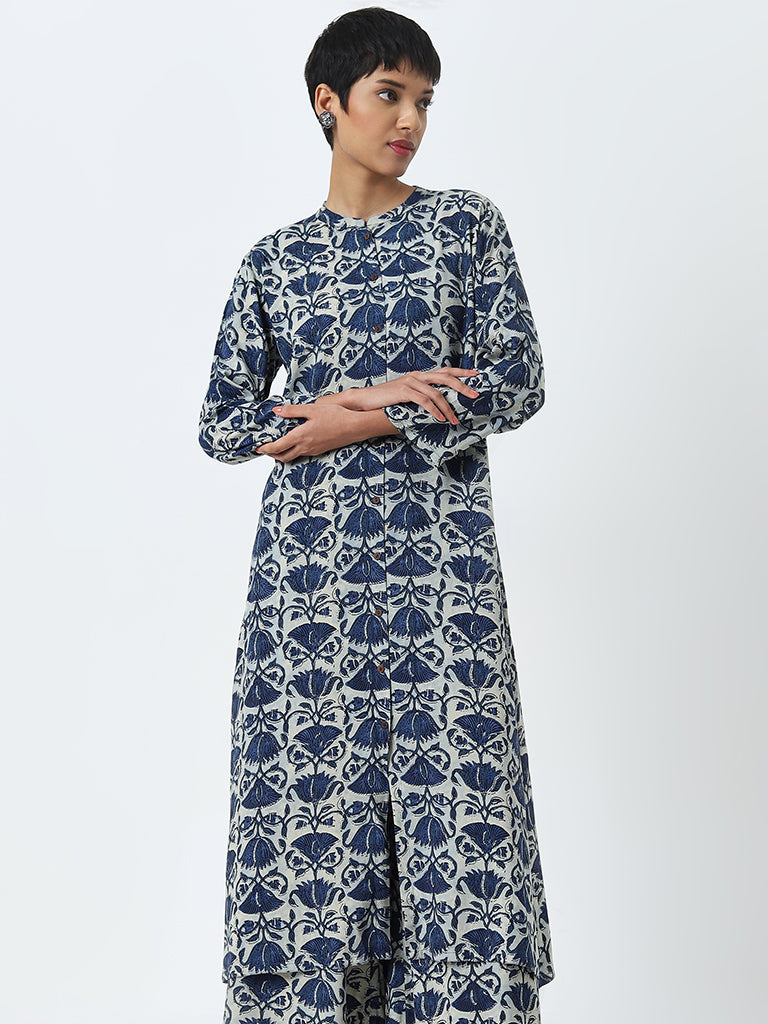 Utsa Dark Blue Floral Printed A-Line Cotton Kurta